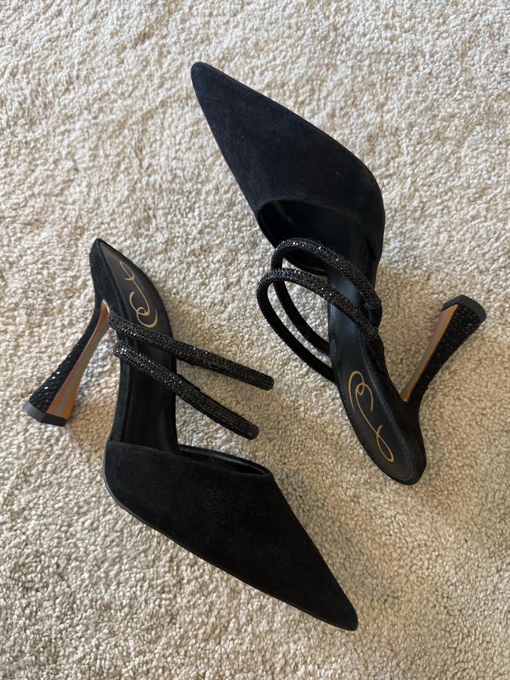 SAM EDELMAN Agustina Heels - Black Rhinestone Pointed Toe Mule - Size 8 - 4”